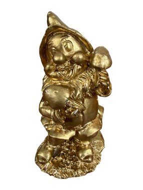 Gold Gnome Figurine Mushrooms Garden Decor Dwarf Kitschy